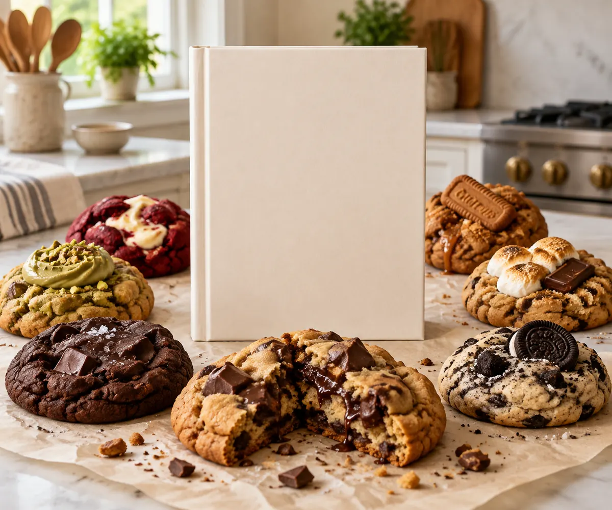 Blank premium cookbook surrounded by thick filled NYC-style cookies