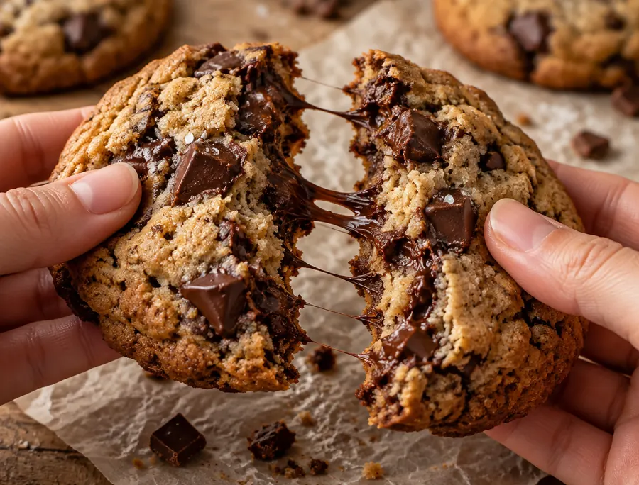 Hands pulling apart a thick chocolate chunk cookie with a gooey center