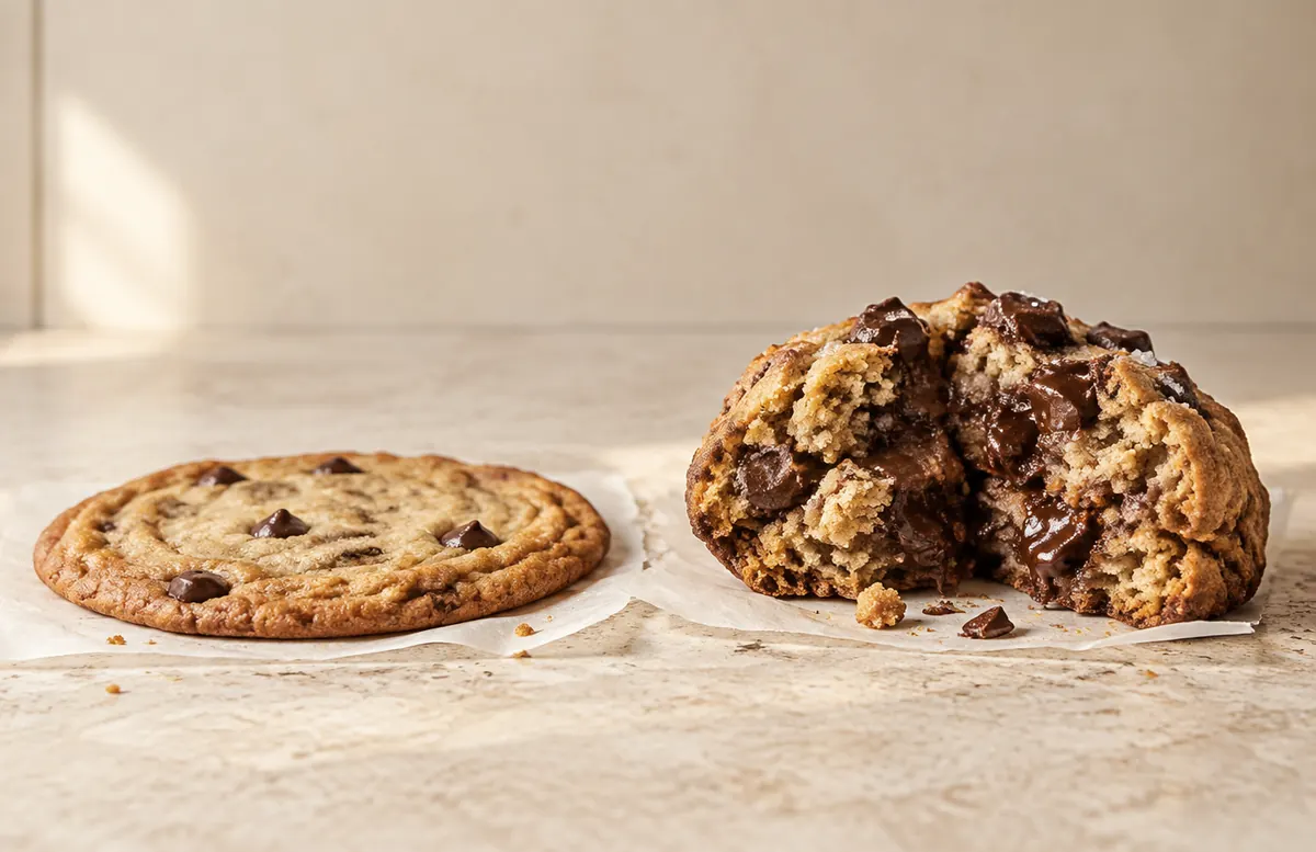 A thin flat cookie compared with a thick broken-open NYC cookie