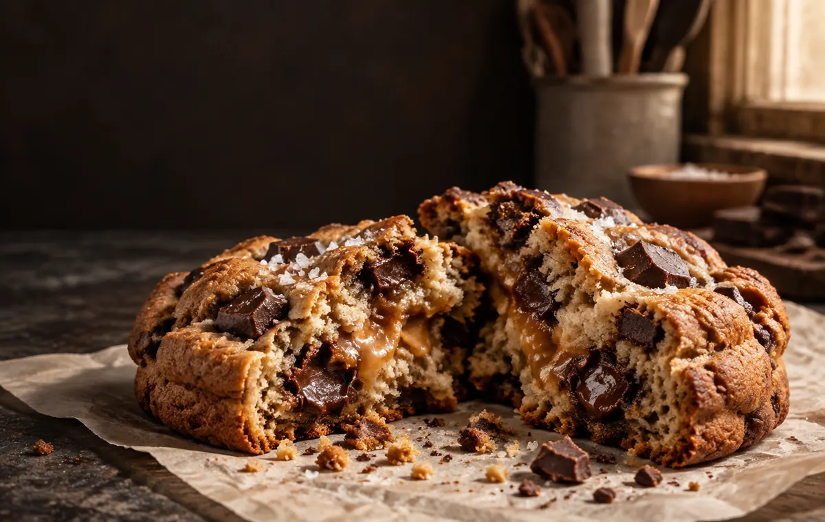 A giant salted caramel chocolate chunk cookie broken open on parchment